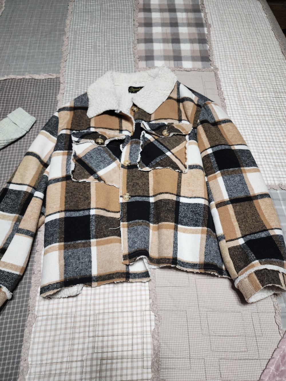 Teddy-Lined Plaid Shacket Jacket - Beige Black White